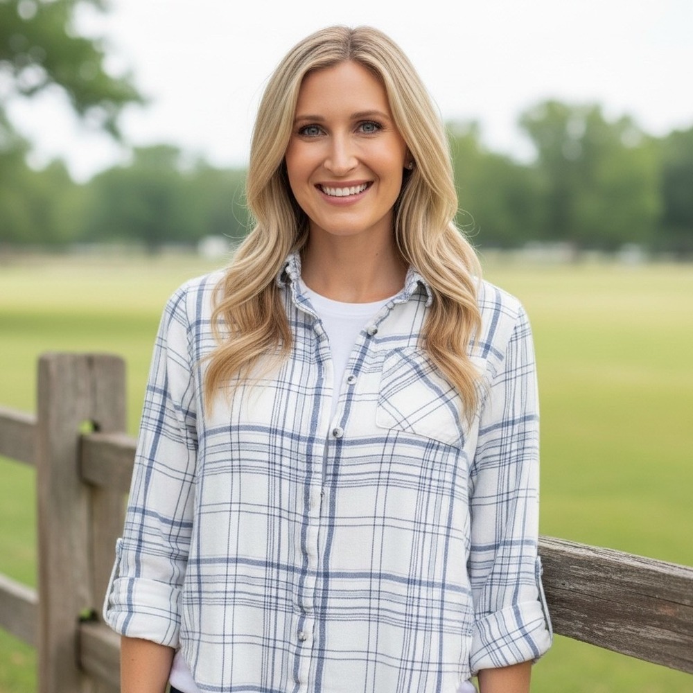 White House Black Market Plaid Button Down Shirt White Blue Silver Size 4